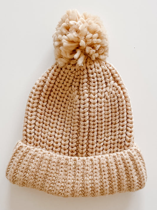 Pompom Knit Beanie in Caramel